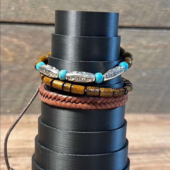 Brown Silver & Turquoise Beaded & Braided Bracelet Set of 3 - Picture 1 of 6
